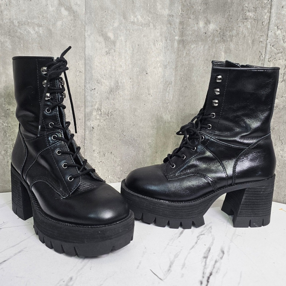 Steve Madden Trevor Black Leather Chunky Lug Sole Y2K Platform Combat Boots 9.5M